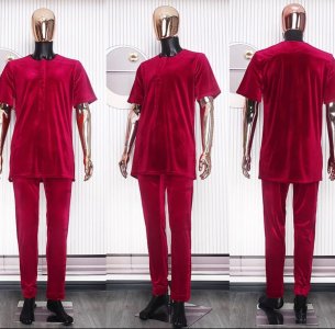 Velvet red embroidery Agbada, short sleeve kaftan & sokoto