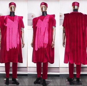 Velvet red embroidery Agbada, short sleeve kaftan & sokoto