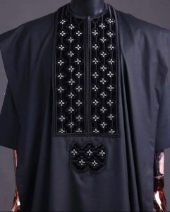 Black embroidery Agbada, 3/4 sleeve kaftan & sokoto