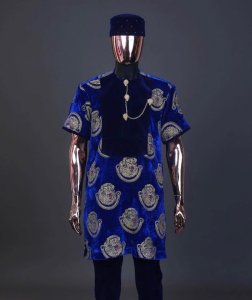 Velvet blue Isi Agu short sleeve attire